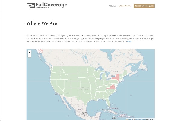 Full Coverage Truck Insurance Map showing coverage